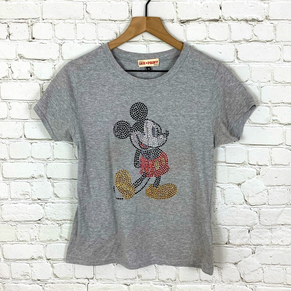 Disney Ink & Paint Disneyalia Bling Crystals Mickey Mouse Gray Tee